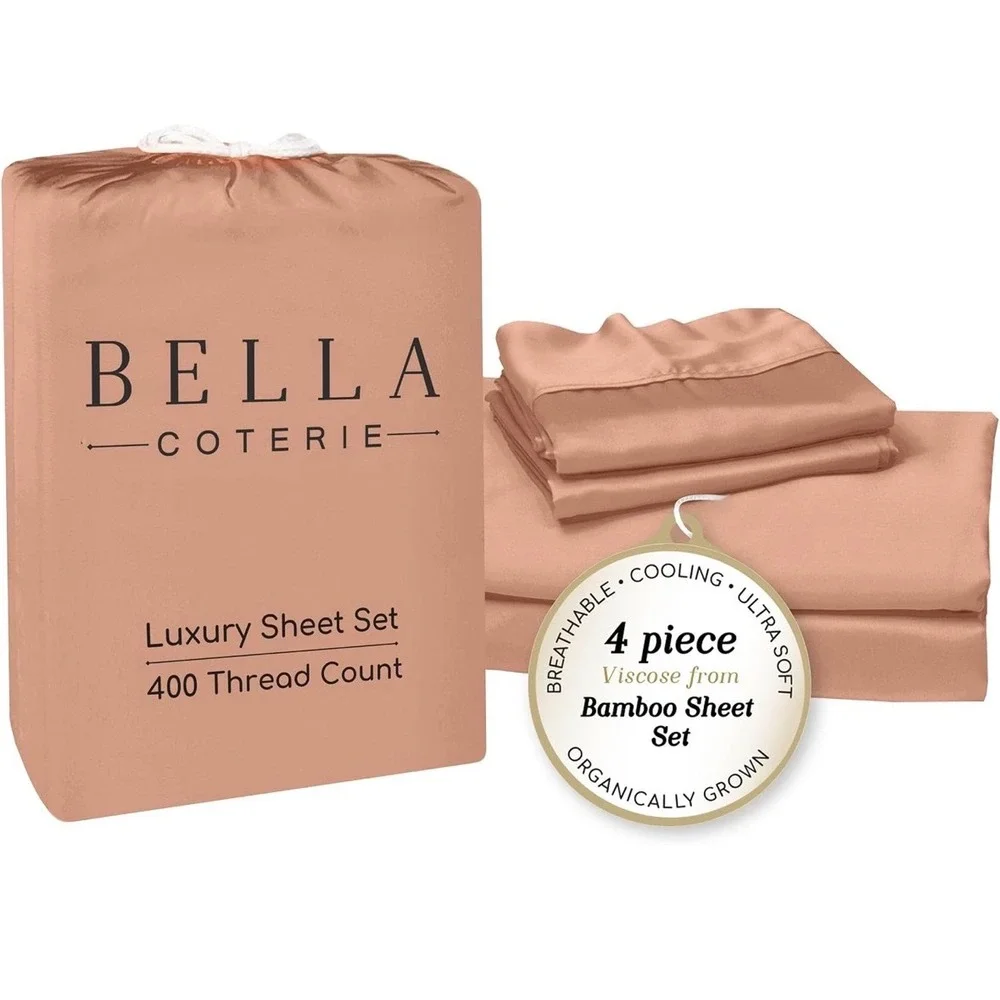 Bella Coterie Bamboo Sheet Set 4pc 400TC Organic Viscose Peach Pink Deep Pocket
